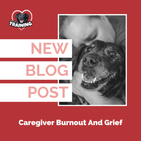 Caregiver Grief blog cover crying woman hugging black dog